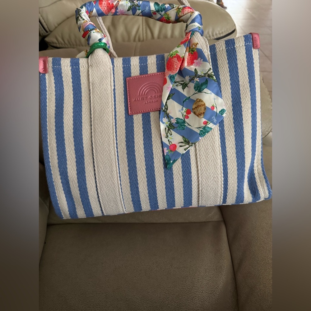 Kurt Geiger Blue and White Striped Tote Bag with Scarf. NWOT
